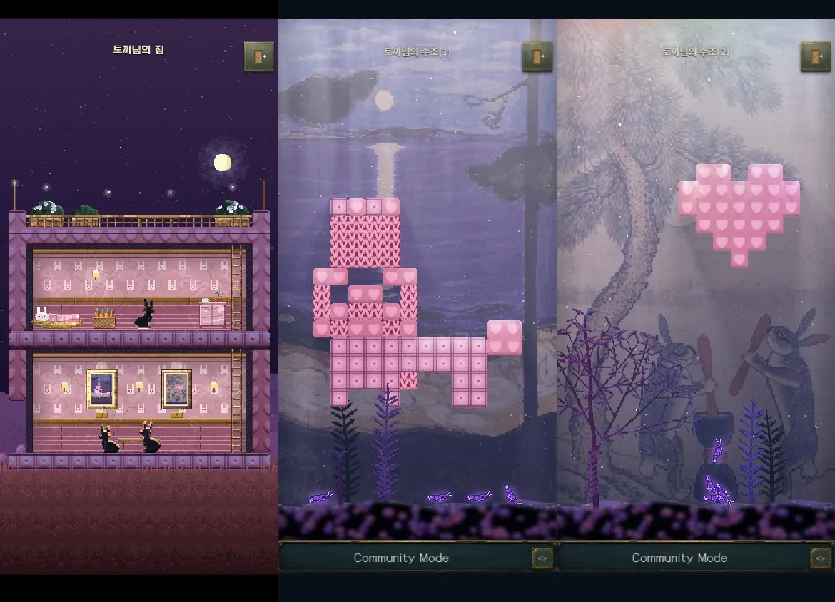 A rabbit's pixel-art house at night, next to two of the rabbit's tanks decorated with pink heart blocks