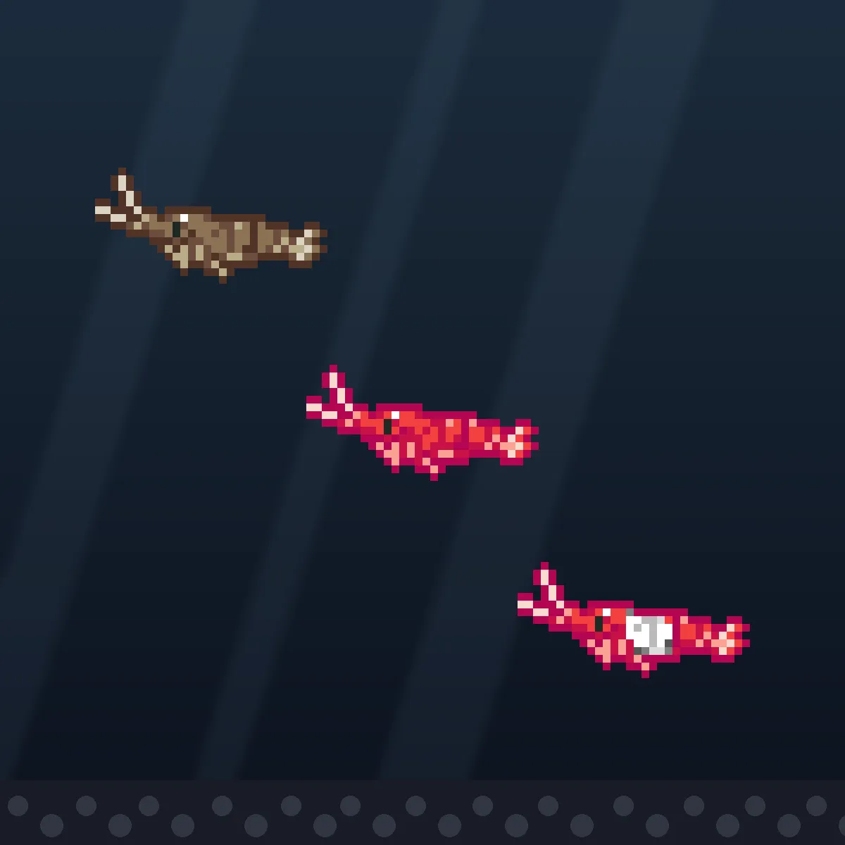 Three pixel-art shrimp from Shrimprium swimming in a dark tank. A brown wild shrimp at the top left, a red cherry shrimp in the middle, and a red Rili shrimp with a white patch on its body at the bottom right