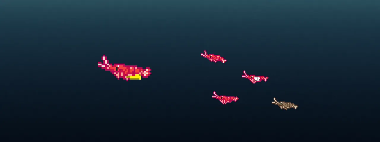 A red mother shrimp carrying yellow eggs, followed by four small babies: two red, one Red Rili and one brown like its wild ancestors.