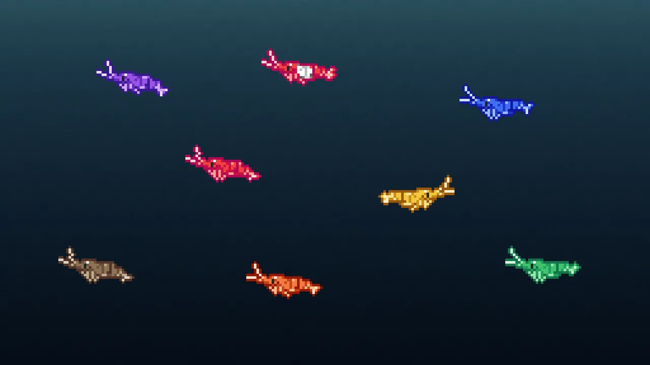 Eight pixel-art shrimp from Shrimprium swimming across a teal-to-navy tank: purple, Red Rili, blue, red, yellow, brown wild, orange and green.