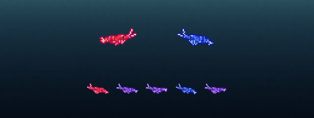 A red shrimp and a blue shrimp from Shrimprium face each other above a row of their babies: one red, one blue and three purple, as the game’s colour genetics predict.