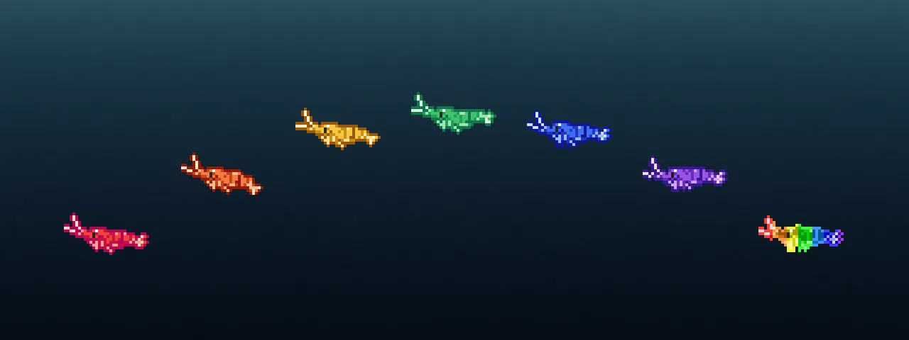 Seven Shrimprium shrimp arranged in an arc of colour: red, orange, yellow, green, blue, purple and rainbow.