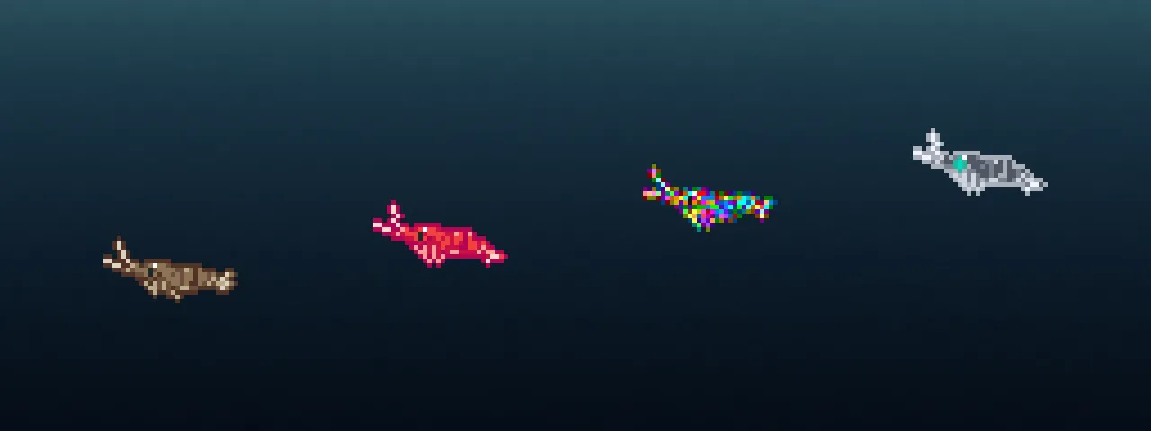 Four Shrimprium shrimp rising from left to right: a brown wild shrimp, a red cherry shrimp, a glitchy digital shrimp and a silver mechanical shrimp.