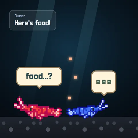 Two pixel-art shrimp on the gravel. The owner says "Here's food!", one shrimp answers "food...?" and the other shows a thinking bubble